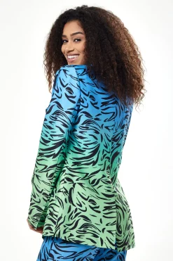 Women's Blazer in Blue and Green Ombre Zebra Print with Padded Shoulders - Liquorish