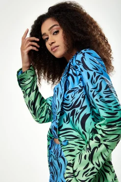 Women's Blazer in Blue and Green Ombre Zebra Print with Padded Shoulders - Liquorish