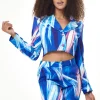 Women's Blazer in Blue, White & Pink Graphic Print with Large Lapel, Cropped Style & Padded Shoulders - Liquorish