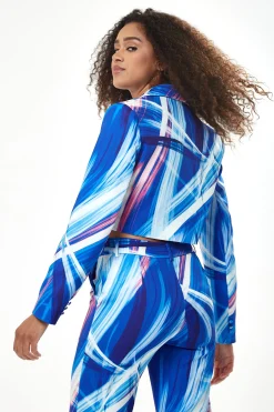Women's Blazer in Blue, White & Pink Graphic Print with Large Lapel, Cropped Style & Padded Shoulders - Liquorish
