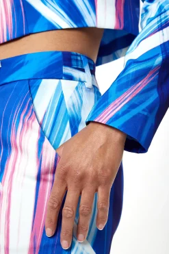 Women's Blazer in Blue, White & Pink Graphic Print with Large Lapel, Cropped Style & Padded Shoulders - Liquorish