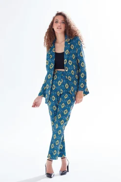 Women's Blazer in Blue, Yellow & Navy with Geometric Pattern, Tailored Fit, 1 Button Closure, Liquorish