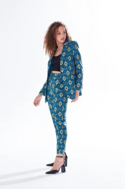Women's Blazer in Blue, Yellow & Navy with Geometric Pattern, Tailored Fit, 1 Button Closure, Liquorish