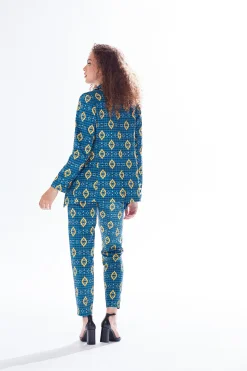 Women's Blazer in Blue, Yellow & Navy with Geometric Pattern, Tailored Fit, 1 Button Closure, Liquorish