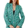 Women's Blazer in Green with Padded Shoulders and All-Over Stroke Print - Liquorish