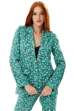 Women's Blazer in Green with Padded Shoulders and All-Over Stroke Print - Liquorish