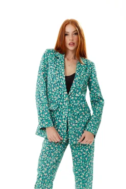 Women's Blazer in Green with Padded Shoulders and All-Over Stroke Print - Liquorish