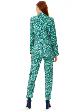 Women's Blazer in Green with Padded Shoulders and All-Over Stroke Print - Liquorish