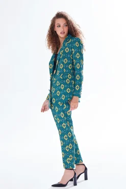 Women's Blazer in Green, Yellow & Navy with Tailored Fit, Geometric African Print - Liquorish