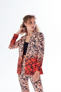 Women's Blazer in Orange with Zebra Print, Relaxed Fit and Padded Shoulders - Liquorish