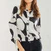 Women's Blouse with Oversized Polka Stripe Pattern in Black & White, Full Length Sleeve, Elastic Tie Back Waist, Stylish Detail