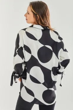 Women's Blouse with Oversized Polka Stripe Pattern in Black & White, Full Length Sleeve, Elastic Tie Back Waist, Stylish Detail