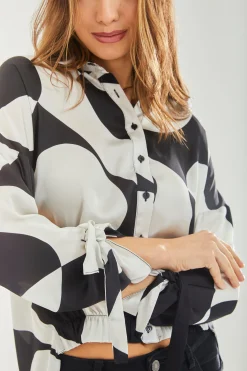 Women's Blouse with Oversized Polka Stripe Pattern in Black & White, Full Length Sleeve, Elastic Tie Back Waist, Stylish Detail