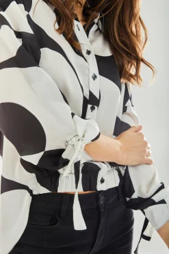 Women's Blouse with Oversized Polka Stripe Pattern in Black & White, Full Length Sleeve, Elastic Tie Back Waist, Stylish Detail