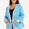 Women's Blue Chunky Knit Cardigan with Oversized Pockets and Contrast Trim - Liquorish