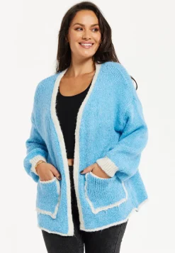 Women's Blue Chunky Knit Cardigan with Oversized Pockets and Contrast Trim - Liquorish