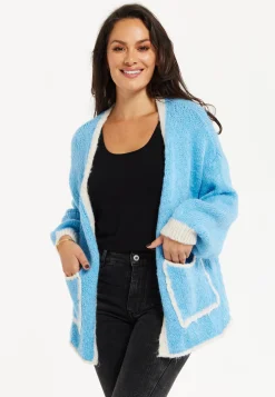 Women's Blue Chunky Knit Cardigan with Oversized Pockets and Contrast Trim - Liquorish