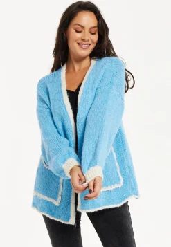 Women's Blue Chunky Knit Cardigan with Oversized Pockets and Contrast Trim - Liquorish