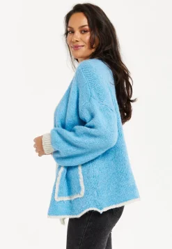 Women's Blue Chunky Knit Cardigan with Oversized Pockets and Contrast Trim - Liquorish