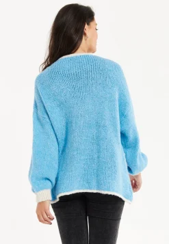 Women's Blue Chunky Knit Cardigan with Oversized Pockets and Contrast Trim - Liquorish