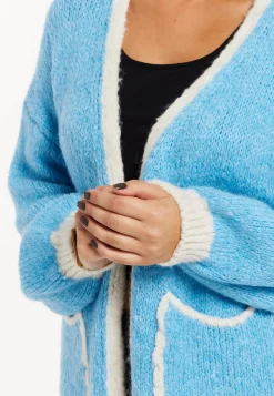Women's Blue Chunky Knit Cardigan with Oversized Pockets and Contrast Trim - Liquorish