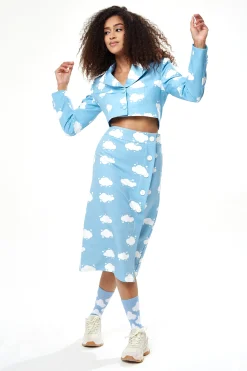 Women's Blue Cloud Print Midi Skirt with Front Buttons and Side Slit - Regular Fit by Liquorish