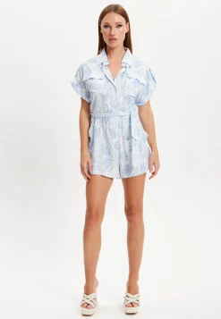 Women's Blue Leaf Printed Playsuit with Button Down, Short Sleeve, Front & Side Pockets, Loose Fit, Casual Style.