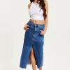 Women's Blue Slit Front Midi Skirt with Belt Loops - 100% Cotton, Stylish & Comfortable by Liquorish