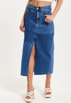 Women's Blue Slit Front Midi Skirt with Belt Loops - 100% Cotton, Stylish & Comfortable by Liquorish