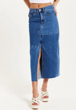 Women's Blue Slit Front Midi Skirt with Belt Loops - 100% Cotton, Stylish & Comfortable by Liquorish