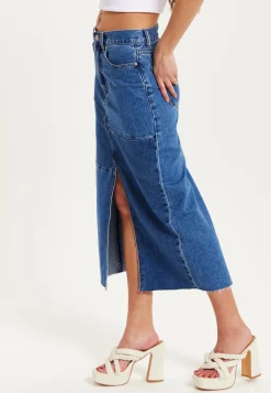 Women's Blue Slit Front Midi Skirt with Belt Loops - 100% Cotton, Stylish & Comfortable by Liquorish
