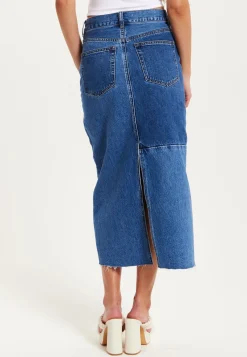 Women's Blue Slit Front Midi Skirt with Belt Loops - 100% Cotton, Stylish & Comfortable by Liquorish