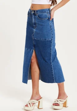 Women's Blue Slit Front Midi Skirt with Belt Loops - 100% Cotton, Stylish & Comfortable by Liquorish