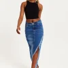 Women's Blue Wrap Front Maxi Denim Skirt with Slit Detail and Belt Loops - 100% Cotton by Liquorish