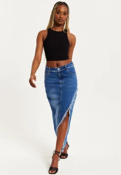 Women's Blue Wrap Front Maxi Denim Skirt with Slit Detail and Belt Loops - 100% Cotton by Liquorish