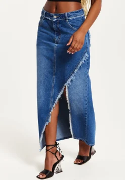 Women's Blue Wrap Front Maxi Denim Skirt with Slit Detail and Belt Loops - 100% Cotton by Liquorish