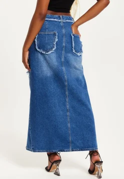Women's Blue Wrap Front Maxi Denim Skirt with Slit Detail and Belt Loops - 100% Cotton by Liquorish