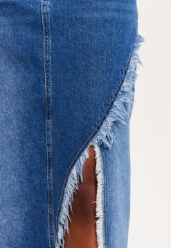 Women's Blue Wrap Front Maxi Denim Skirt with Slit Detail and Belt Loops - 100% Cotton by Liquorish