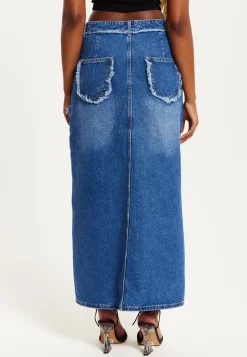 Women's Blue Wrap Front Maxi Denim Skirt with Slit Detail and Belt Loops - 100% Cotton by Liquorish