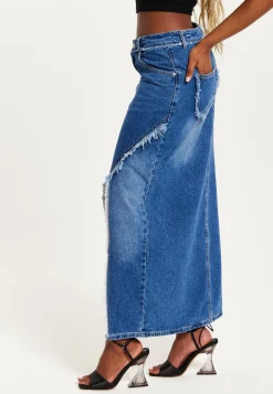 Women's Blue Wrap Front Maxi Denim Skirt with Slit Detail and Belt Loops - 100% Cotton by Liquorish