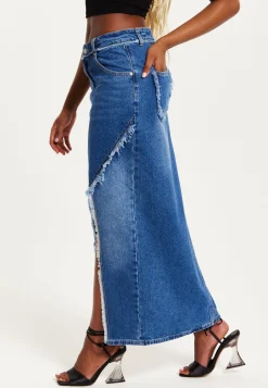 Women's Blue Wrap Front Maxi Denim Skirt with Slit Detail and Belt Loops - 100% Cotton by Liquorish