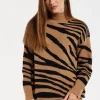 Women's Brown and Black Zebra Pattern High Neck Jumper with Long Sleeves and Relaxed Fit