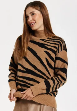 Women's Brown and Black Zebra Pattern High Neck Jumper with Long Sleeves and Relaxed Fit