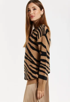 Women's Brown and Black Zebra Pattern High Neck Jumper with Long Sleeves and Relaxed Fit