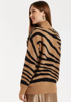 Women's Brown and Black Zebra Pattern High Neck Jumper with Long Sleeves and Relaxed Fit
