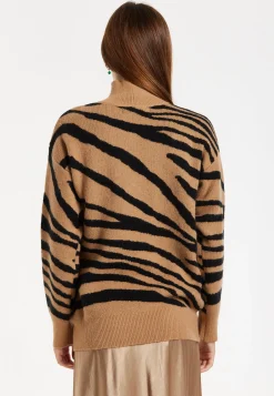 Women's Brown and Black Zebra Pattern High Neck Jumper with Long Sleeves and Relaxed Fit