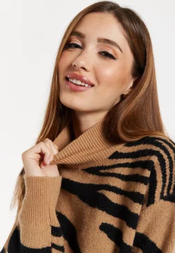 Women's Brown and Black Zebra Pattern High Neck Jumper with Long Sleeves and Relaxed Fit