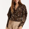 Women's Brushed Knit Animal Print Top - Long Sleeves, V-Neck Crossover, Regular Fit, Chic Wild Elegance.