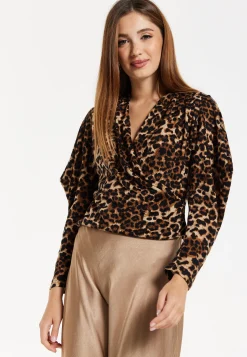 Women's Brushed Knit Animal Print Top - Long Sleeves, V-Neck Crossover, Regular Fit, Chic Wild Elegance.