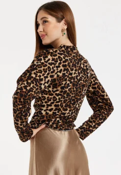 Women's Brushed Knit Animal Print Top - Long Sleeves, V-Neck Crossover, Regular Fit, Chic Wild Elegance.